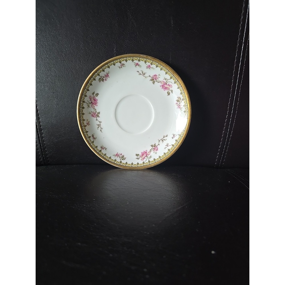 Antique Haviland France Limoges 5.5" saucer / pink roses w gold rim /‎ NICE